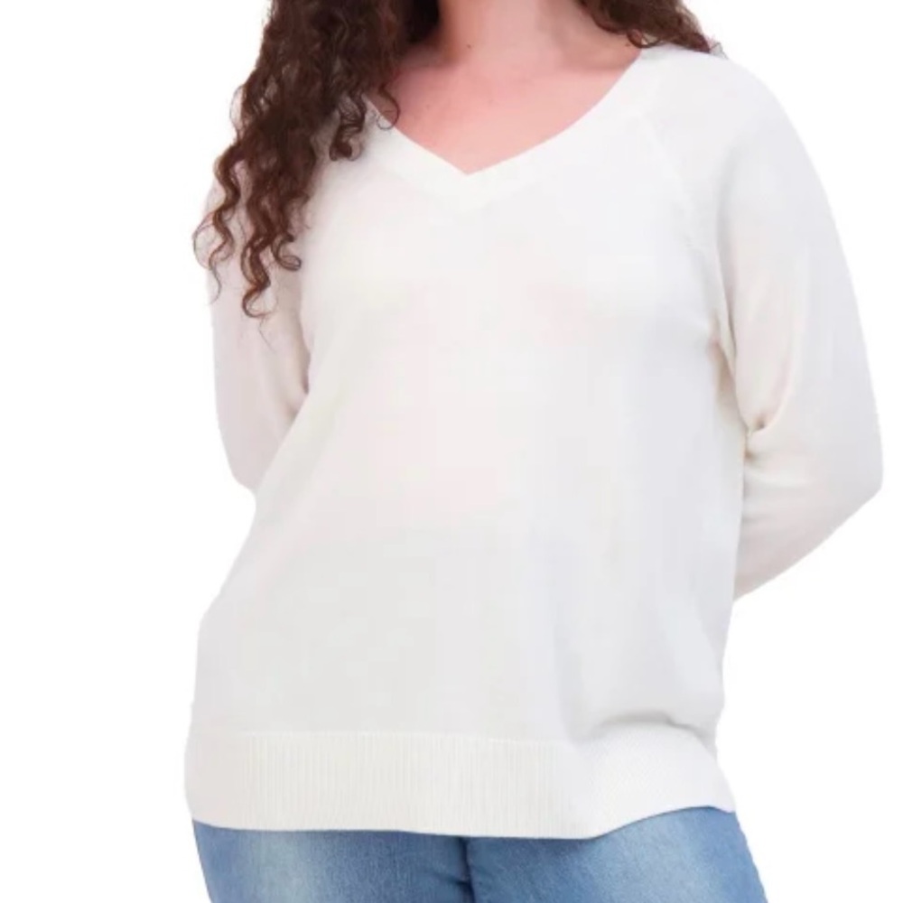 Lucky Brand Ivory Cream V-Neck Cotton Blend Knit Pullover Sweater NWT Women's XL